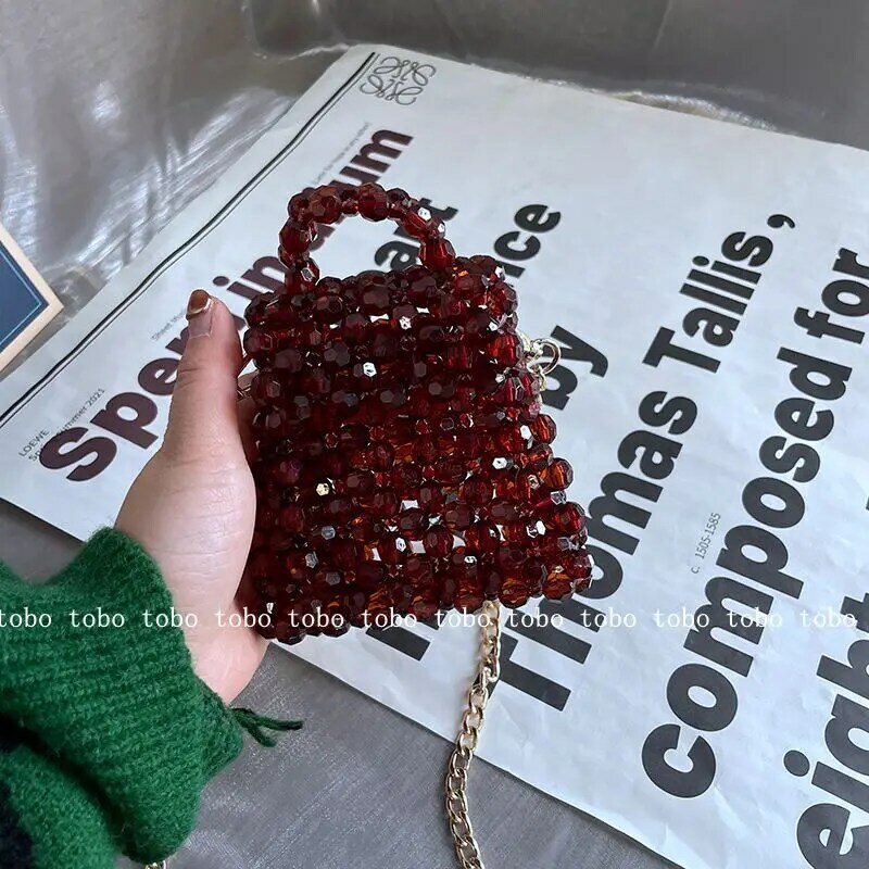 Kette Mini Perle Schulter Tasche Designer Umhängetaschen Klar Acryl Stein Perlen Box Totes Handtasche Frauen Woven Kleine Geldbörse Neue