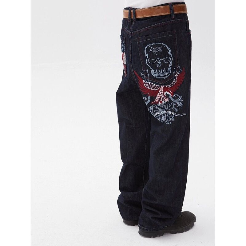 Celana panjang Jeans Y2k bordir kasual pria wanita, celana panjang lebar pinggang tinggi Goth Amerika Skull Jeans bordir longgar kasual
