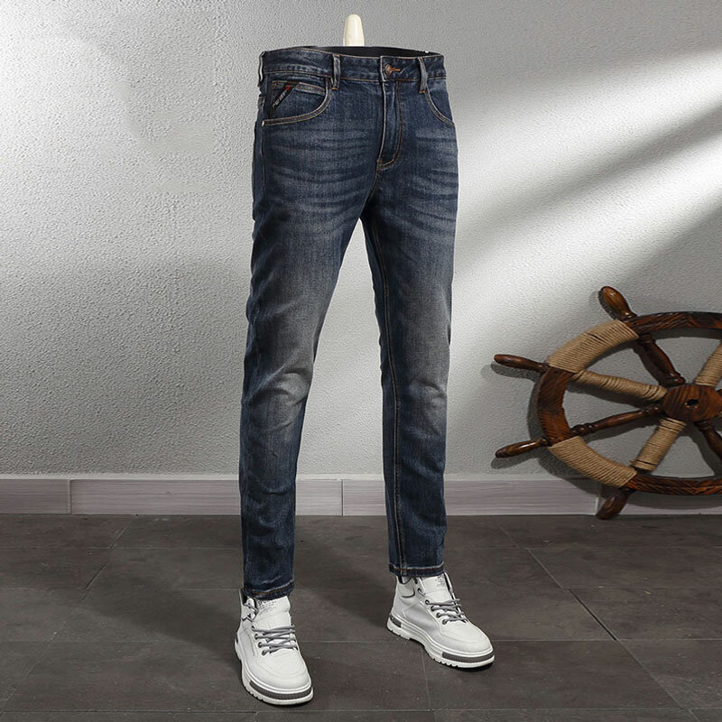 Celana Jeans pria desainer mode celana Jeans Vintage pria ramping elastis hitam biru Retro kualitas tinggi celana Denim trendi kasual Hombre