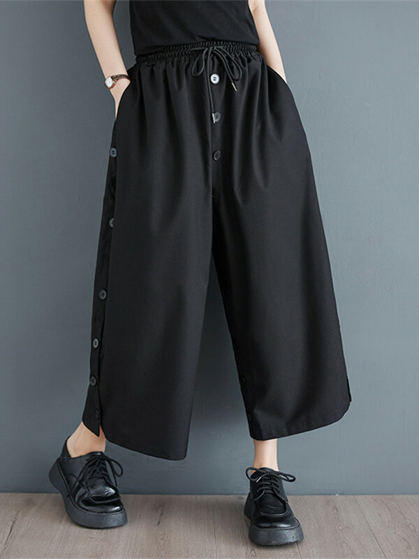 Japońskie guziki w stylu Yamamoto z wysokim stanem szykowne ciemny czarny luźna na wiosnę letnie spodnie z szerokimi nogawkami moda uliczna damskie spodnie na co dzień