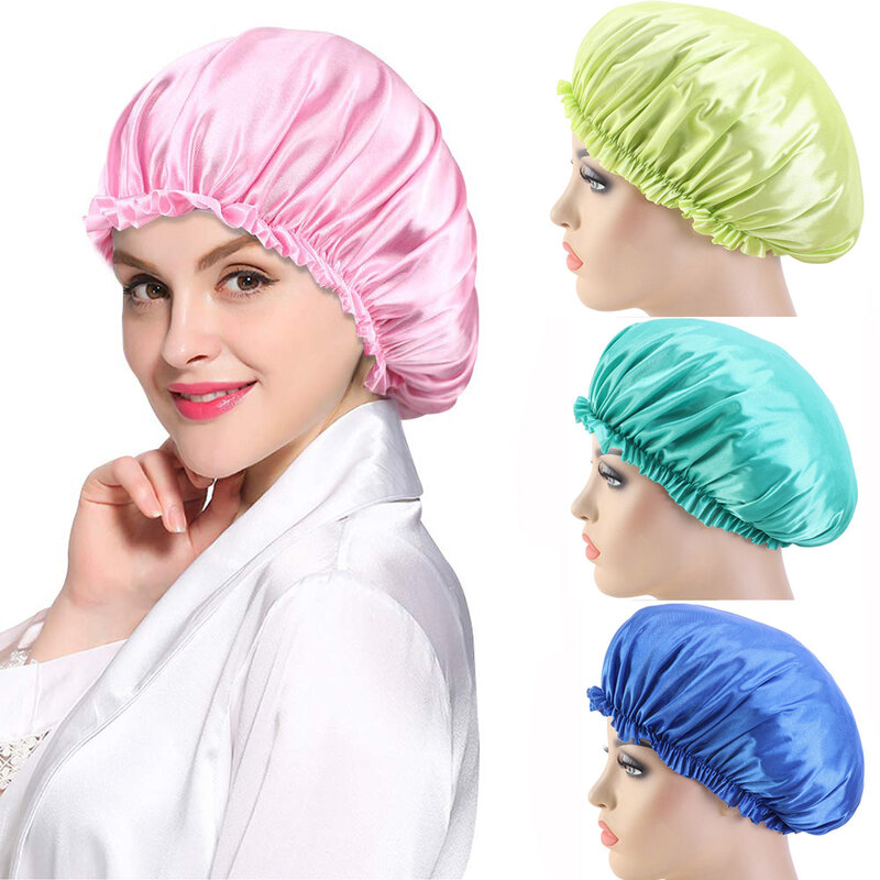 1 buah topi Bonnet Satin rambut untuk topi mandi tidur Bonnet sutra penutup kepala Femme karet elastis topi tidur malam wanita