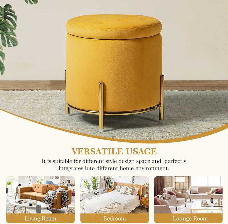 Modern Velvet Storage  with Gold Metal Legs, Button Tufted Round Footrest Stool with Storage for Living Room Bedroom
