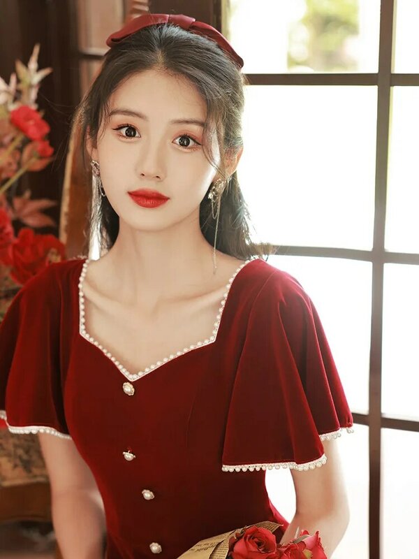 Dark Red Velvet Evening Dresses Pearls Beading Square Collar Short Sleeve A-Line Party Gown Female Formal Dress