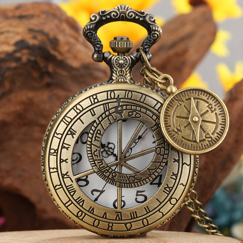 Signs of the Zodiac Quartz Analog Necklace Pocket Watch Arabic Numerals Round Dial Antique Birthday Gift Pocket Clock Unisex