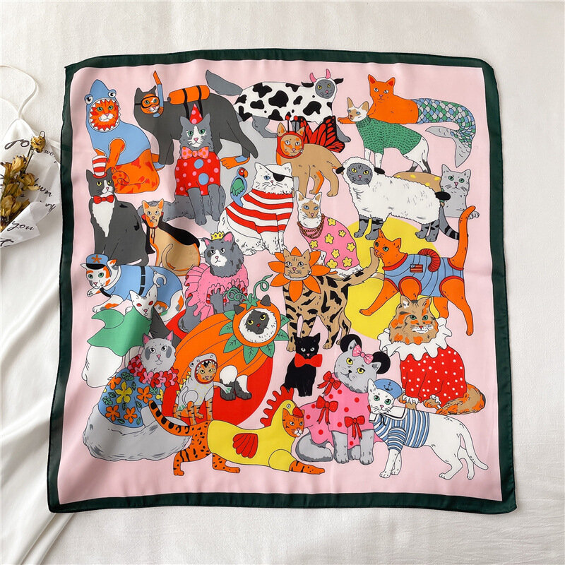 Lenço quadrado de cetim feminino, xale de seda, lenço estampado, cabelo de gato, lenço, bandana, foulard, hijab, bandana, fêmea, 2024