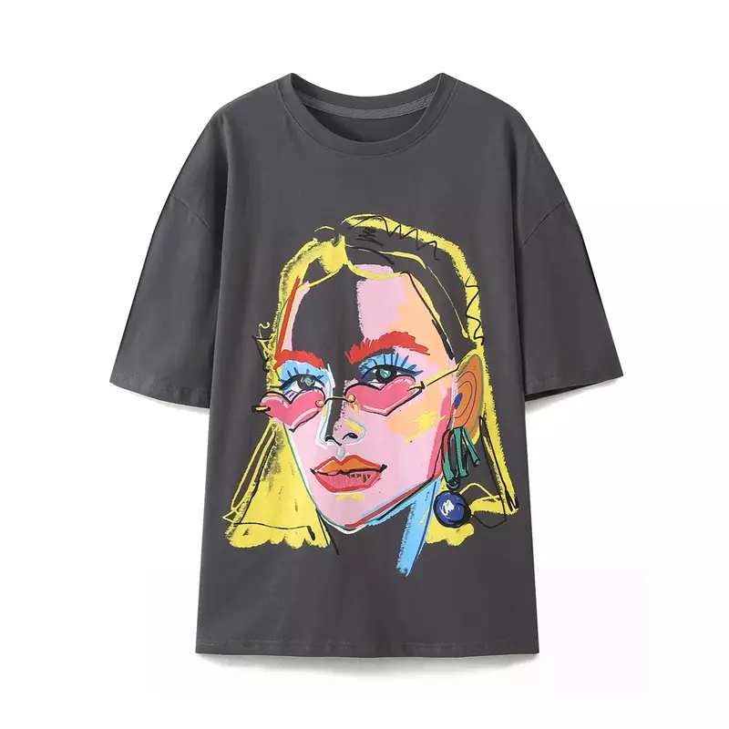 Letnia nowa moda luźna T-shirt z nadrukiem damska koszulka z krótkim rękawem z okrągłym dekoltem czyszczenia wodą efekt Casual damska koszulka Top Mujer
