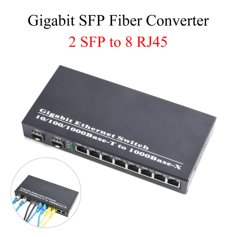 1pcs Gigabit sfp Medien konverter 2 sfp zu 8 rj45 Transceiver 1000/m Glasfaser schalter mit 3km/20km lc/sc sfp Modul