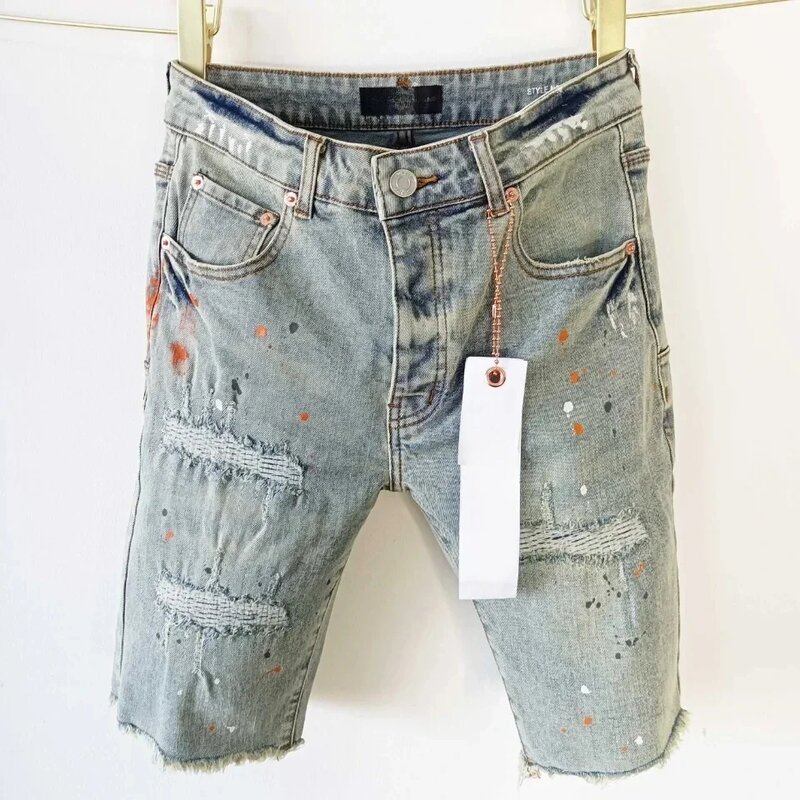 New High Quality  Brand Jeans with Vintage Burr Edges Washed Denim Shorts for Men Repair Low Raise Skinny Denim Pants