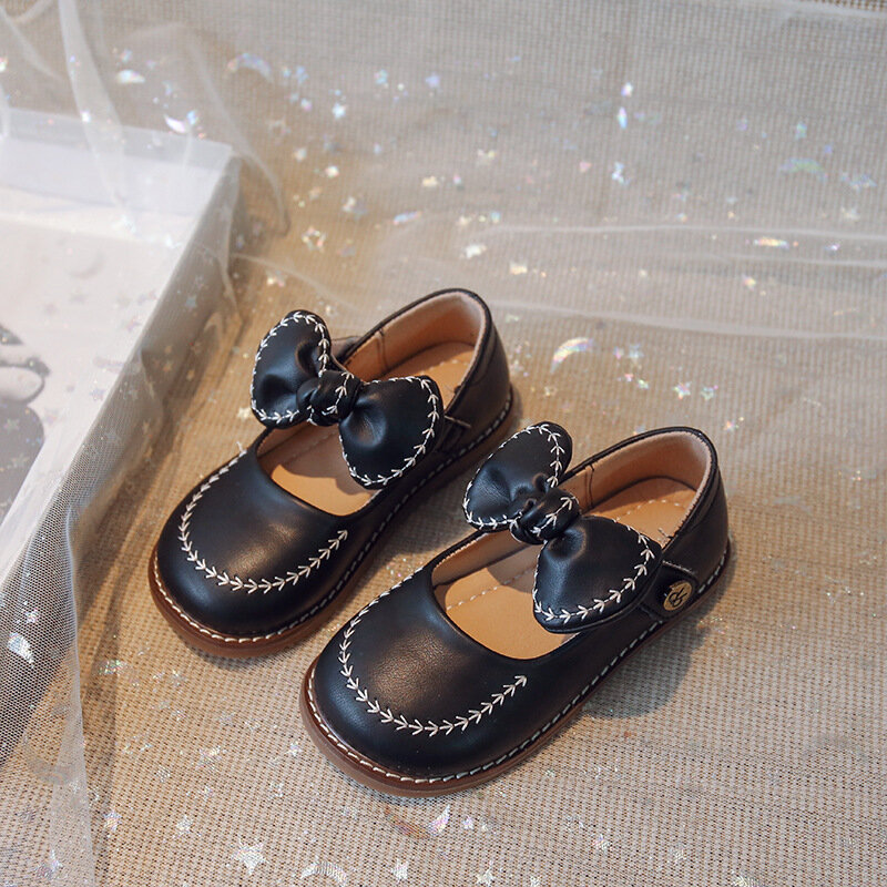 ربيع الخريف الفتيات الأحذية الجلدية مع القوس عقدة الأميرة الحلو لطيف لينة مريحة الأطفال الشقق الاطفال أحذية عالية Quality21-33