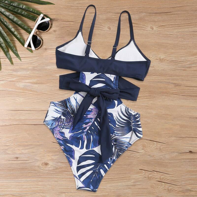 V-neck One-piece Bikini Stylish Leaf Print V-neck Monokini for Women Slim Fit Backless One-piece Swimsuit with Hollow for Summer