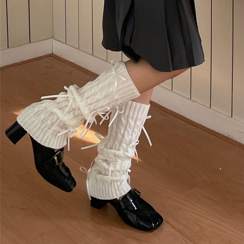 Women Knit Leg Warmer Sweet Bow Calf Cover Boot Socks Streetwear for Daily Party