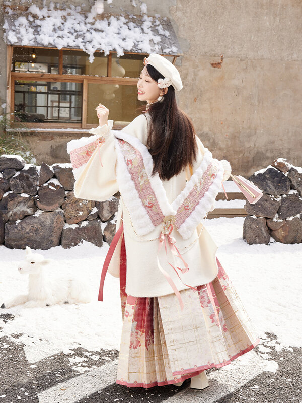 Pluszowa i ciepła kwadratowa podwójna jednorzędowa koszula z dekoltem, spódnica końska, dynastia Ming Hanfu, damska zima