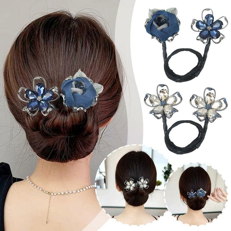 Elegant Shiny Rhinestone Flower Donut Hair Stick DIY Updo Fashion Gentle Hairband Headwear Hair Accessories Gifts For Women A6L6