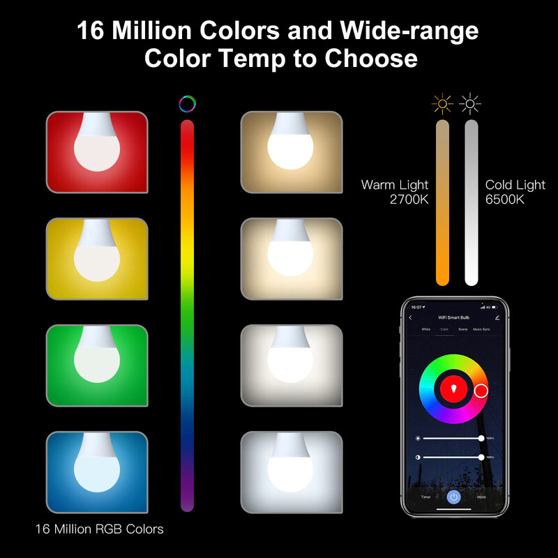 WiFi 스마트 LED 전구 디 밍이 가능한 램프 14W RGB C + W E27 색상 변경 2700K-6500K Tuya 스마트 App 제어 Alexa Google