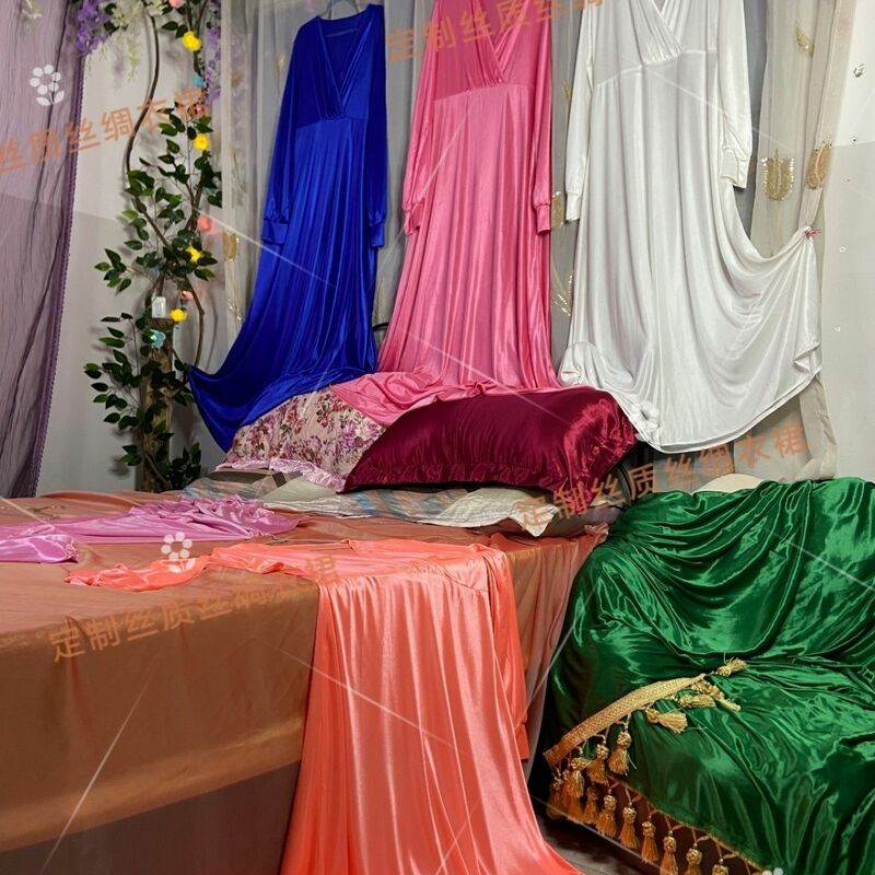 Блестящее Сексуальное Женское Атласное Платье макси с V-образным вырезом и длинным рукавом, свободное платье макси, женское платье для сна