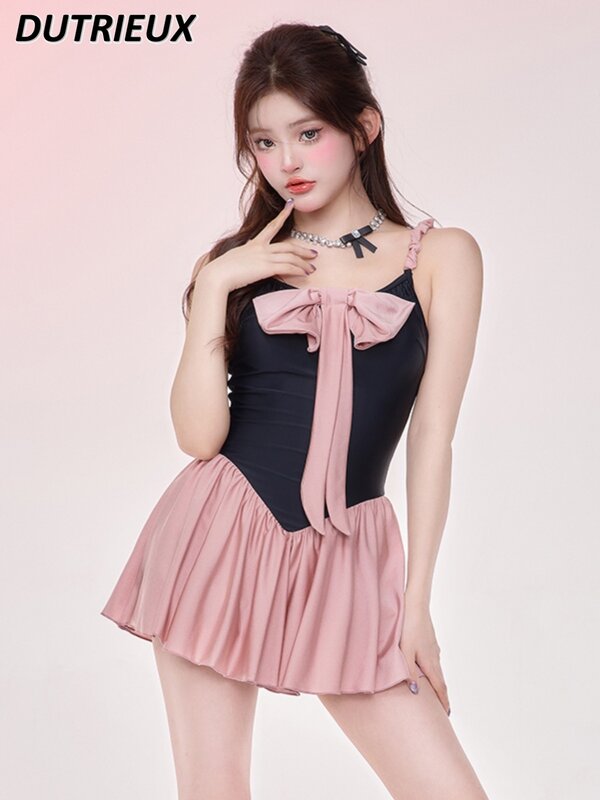 2024 Summer New Swimsuit Female Black Pink Bowknot Pure Desire Girl Dress Type Anti-Exposure Cute Slim-Fit Hot Spring Swimwear