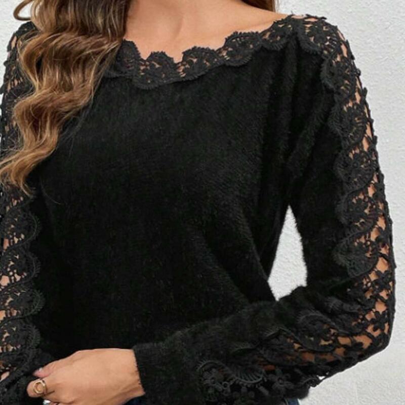 Women T-Shirts Hollow Out Lace Decor Pullover Tops O-neck Long Sleeve Hollow Splicing T-shirt Loose Fit Knitting Tops Blusas