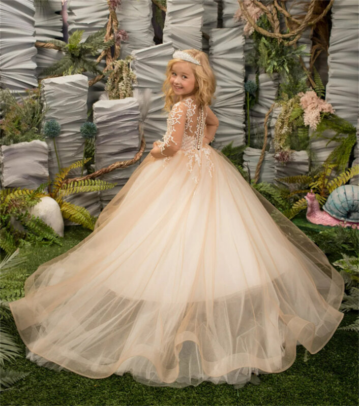 Платье для девочки с цветком шампанского, пышное Тюлевое кружевное платье с аппликацией, элегантное детское платье для первого причастия, дня рождения