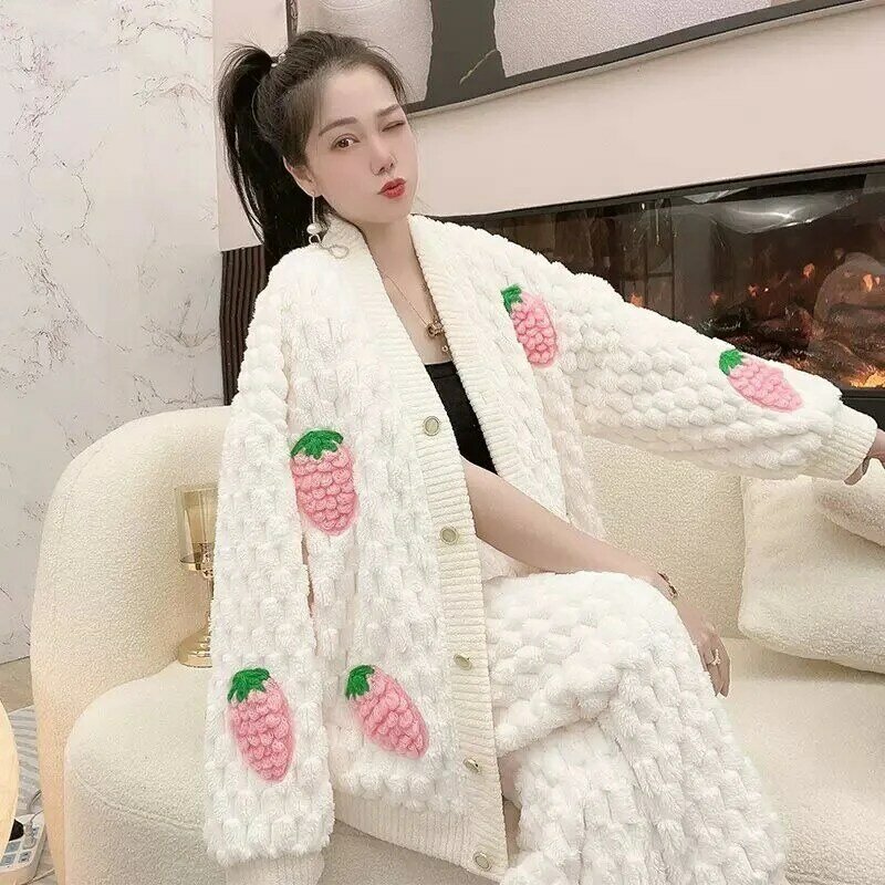 2024 New Fashion Coral Velvet Pajamas Set Women's Autumn Winter Sleepwear Ladies Thick Plush Warm Flannel Outerwear Home Suit