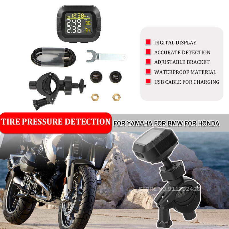 Universal motocicleta TPMS pneu pressão monitoramento sistema, roda USB imprensa, detecção precisa, LCD Shift status, wireless preciso