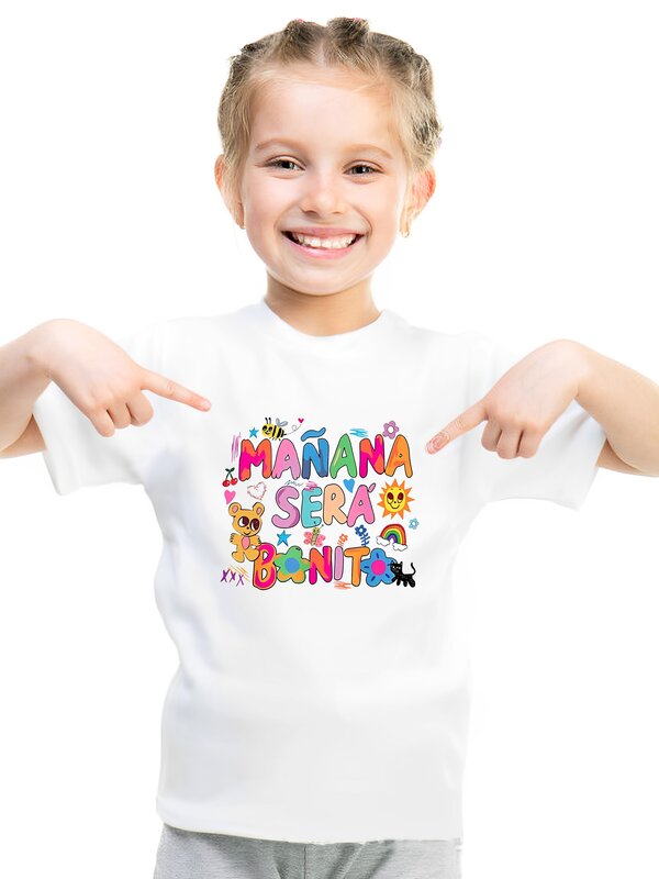 T-shirt graphique MANANA SERA BONIT pour filles avec fleurs vibrantes, col rond décontracté, manches courtes, printemps, été, extérieur, amusant, nouveau