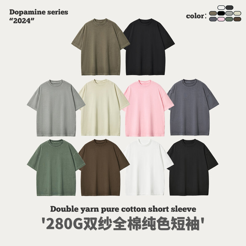 Camiseta pesada de manga curta de algodão masculina, lavada e vestida, vintage, rua alta, grande, moda casual, 300g