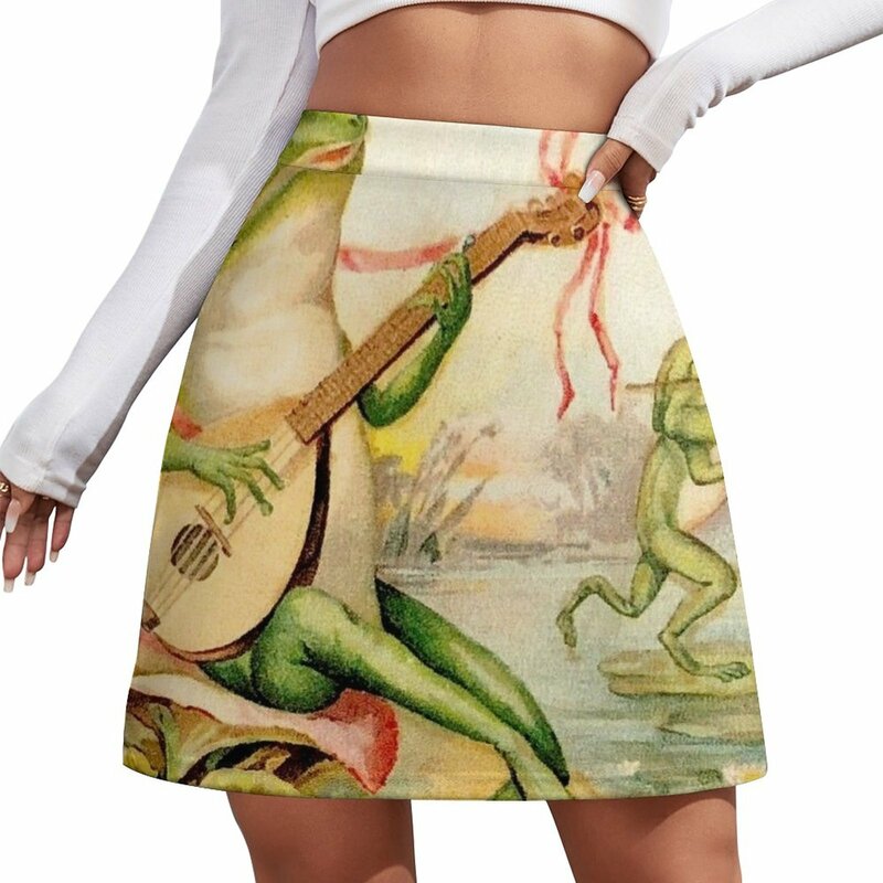 カエルの形をしたミニスカート: ヴィンテージ抽象的なエンターテイメントプリントミニスカートエレガントな女性のスカートミニスカート