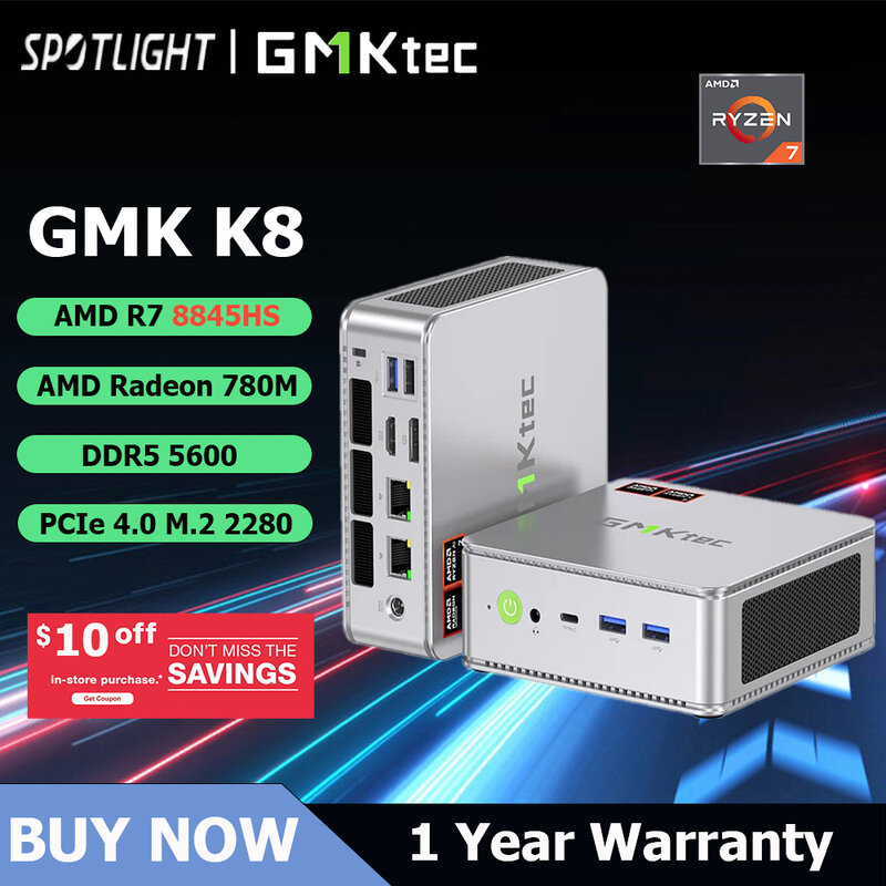 GMKtec-K8 AMD Gaming Mini PC, 8 núcleos, 16 thread, 32GB DDR5, SSD de 1TB, 8845HS, Computador desktop