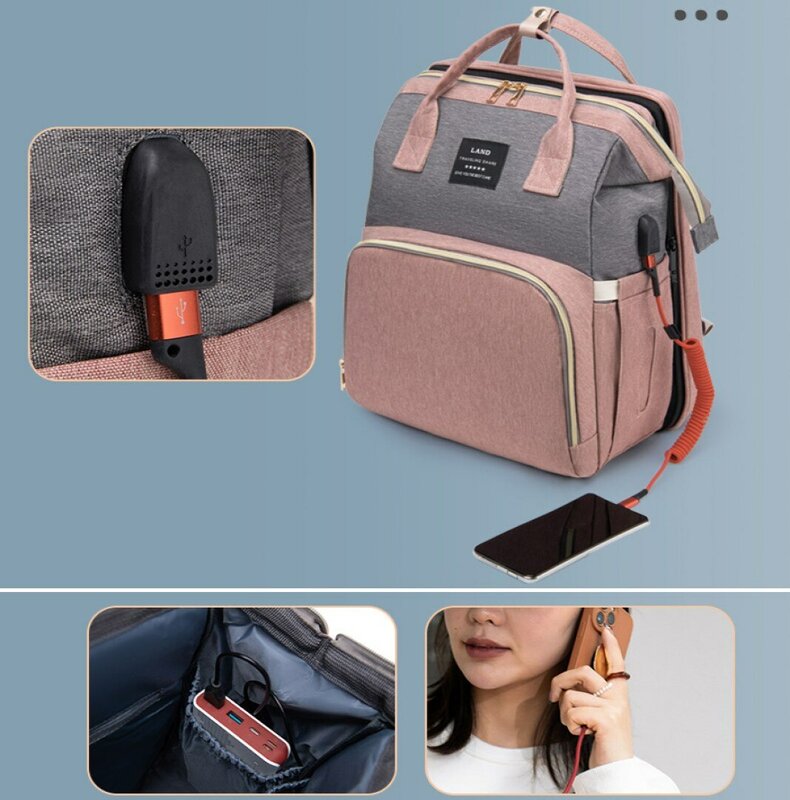 엄마 아기 기저귀 가방, 배낭 교체 패드 쉐이드, 모기장 습식 및 건식 휴대, USB 충전 포트, 유모차 걸이 가방 무료