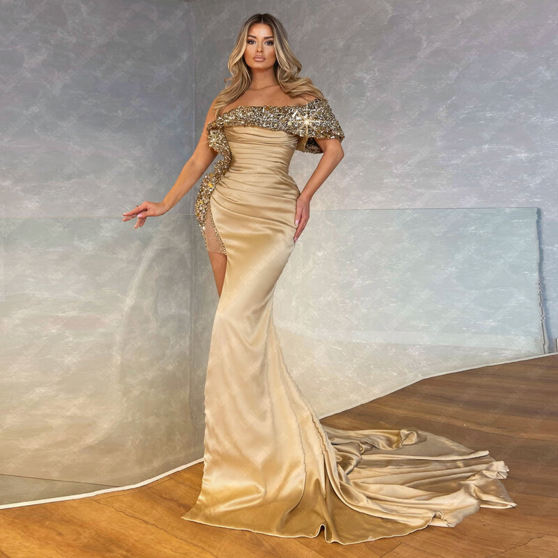 Efektowne eleganckie suknie wieczorowe z szampanem wzory z cekinów wysokie rozcięcie sukienki na przyjęcie bez rękawów satynowe Vestidos De Noche