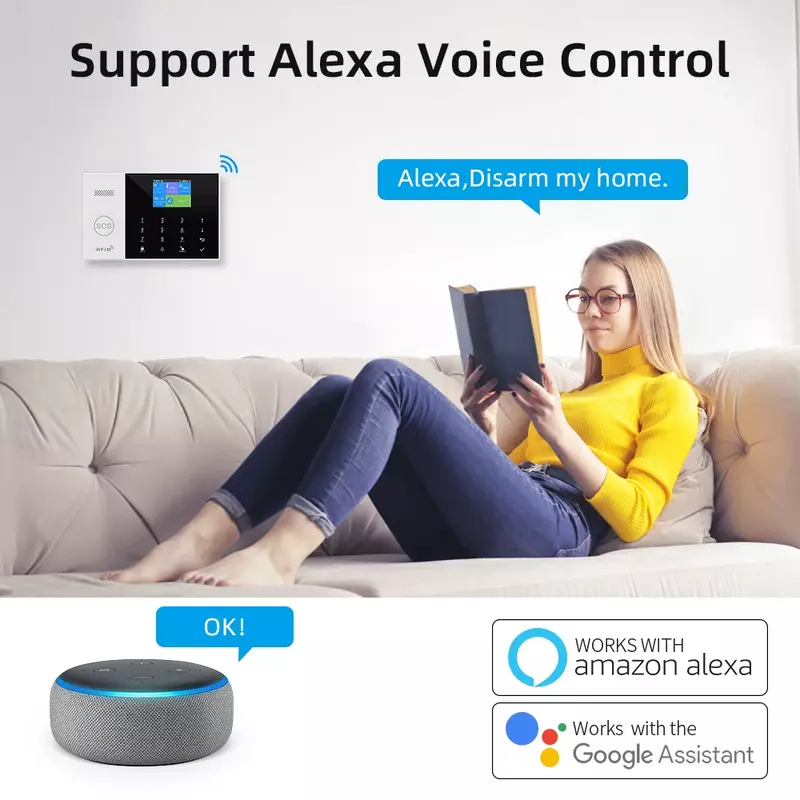 Alarm rumah nirkabel Alarme WIFI keamanan sistem Alarm 4G untuk hidup cerdas Tuya dengan Sensor pintu berfungsi dengan Alexa