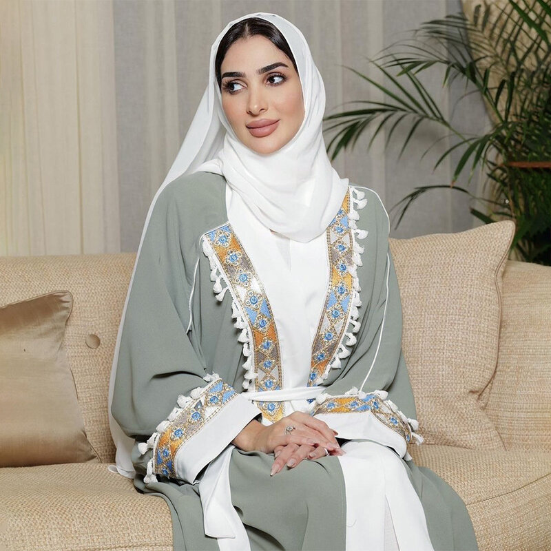女性用ベルト付きオープンリボンドレス,イスラム教徒のドレス,ラマダン,カフタン,着物,タッセル付き