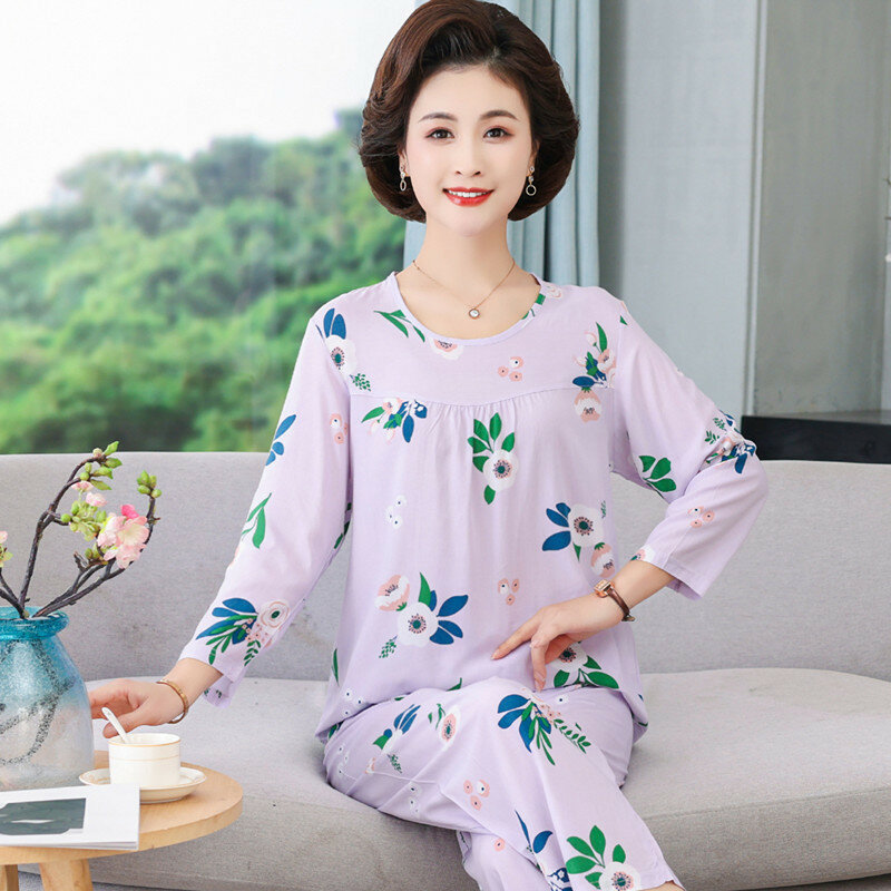 Conjuntos de pijama manga comprida para mãe de meia idade, pijamas, terno de duas peças, plus size Homewear, calças estampadas, primavera e outono