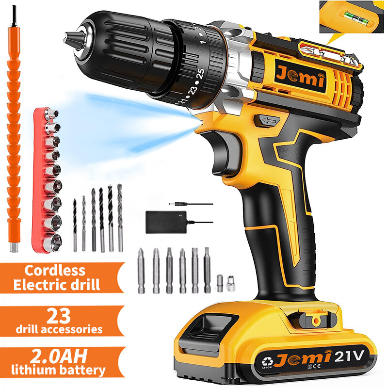21V Cordless Drill Set, 23 Pieces Drill with 3/8" Keyless Chuck, 25 3 Clutch Drill with Work Light, Max Torque 45Nm, 2 Speeds