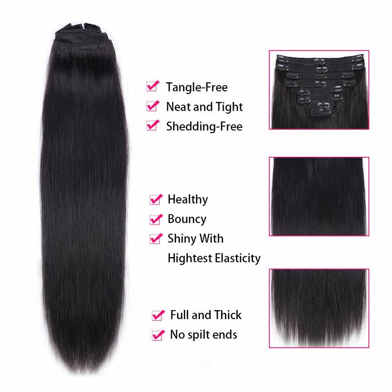 Straight Clip in Hair Extensions Per Set with 120G Double Weft Brazilian Virgin 100% Human Hair Natural Black Color For Women