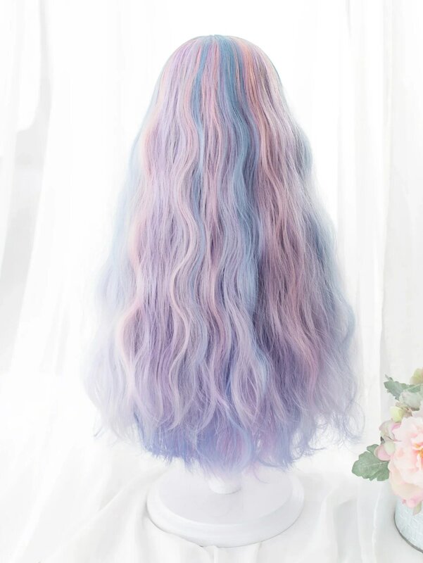 Perucas sintéticas com estrondo para mulheres, cabelos longos ondulados naturais, resistente ao calor, azul-rosa e roxo, cor tricromática, peruca cosplay, 26 polegadas