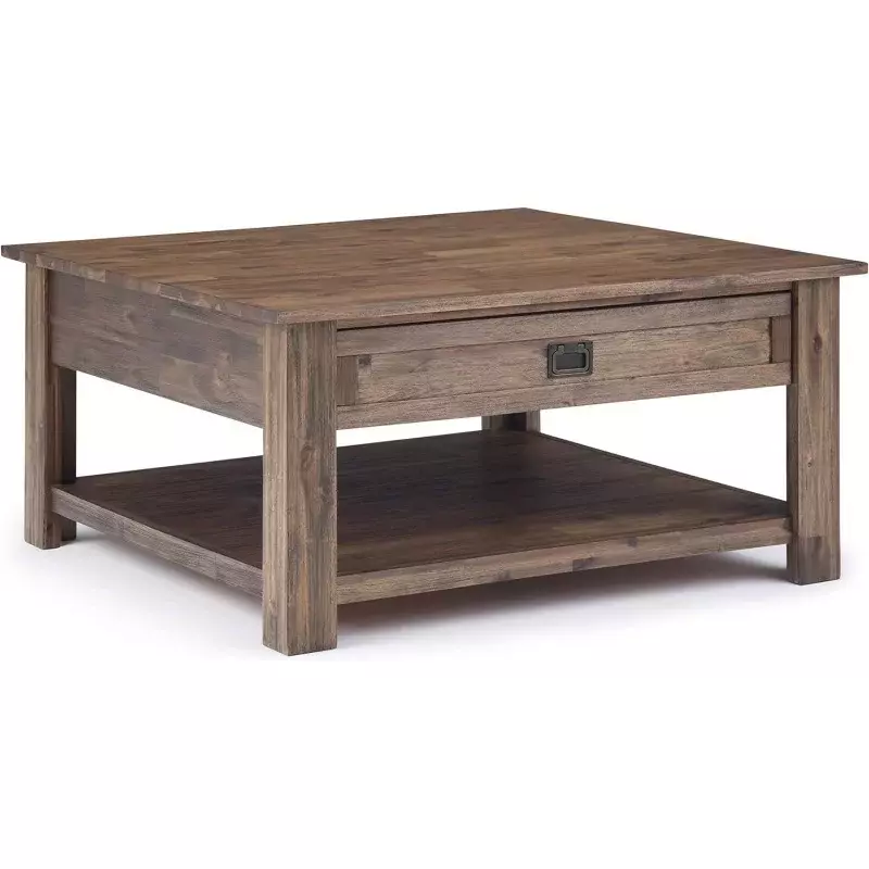 طاولة قهوة من خشب السنط-طاولة ريفية مربعة واسعة لغرفة المعيشة ، لون بني طبيعي من العمر ، 38 إنش