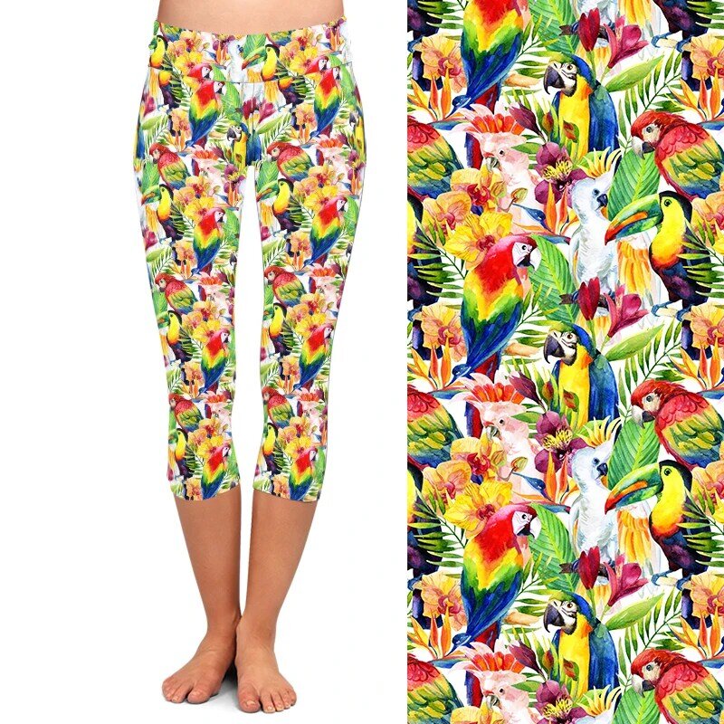 LETSFIND Sommer Aquarell Papageien mit Tropischen Blumen Drucken Capri Leggings Hohe Taille Hohe Elastische Fitness Legings