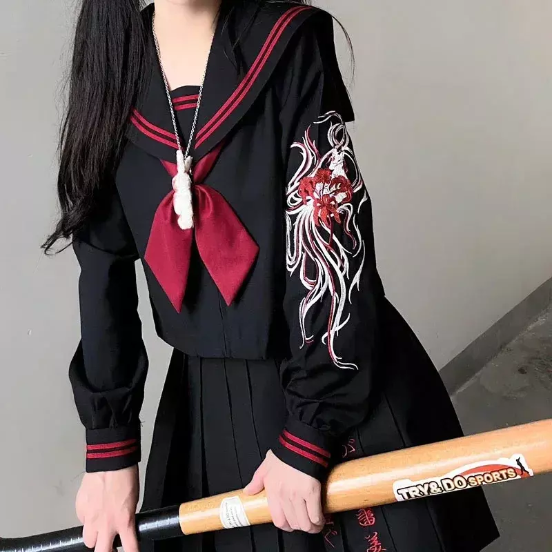 Uniforme escolar japonês com bordado para menina e mulher, top de manga comprida, estilo marinheiro, anime, tamanho s-xl
