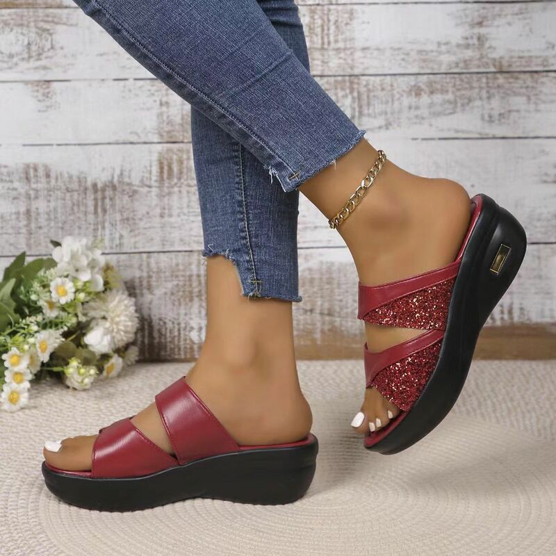 New Women's Summer Leather One Word Wedges Slipper Free Shipping Thick Sole Non Slip Big Size Outdoor Beach Slipper Home Slipper