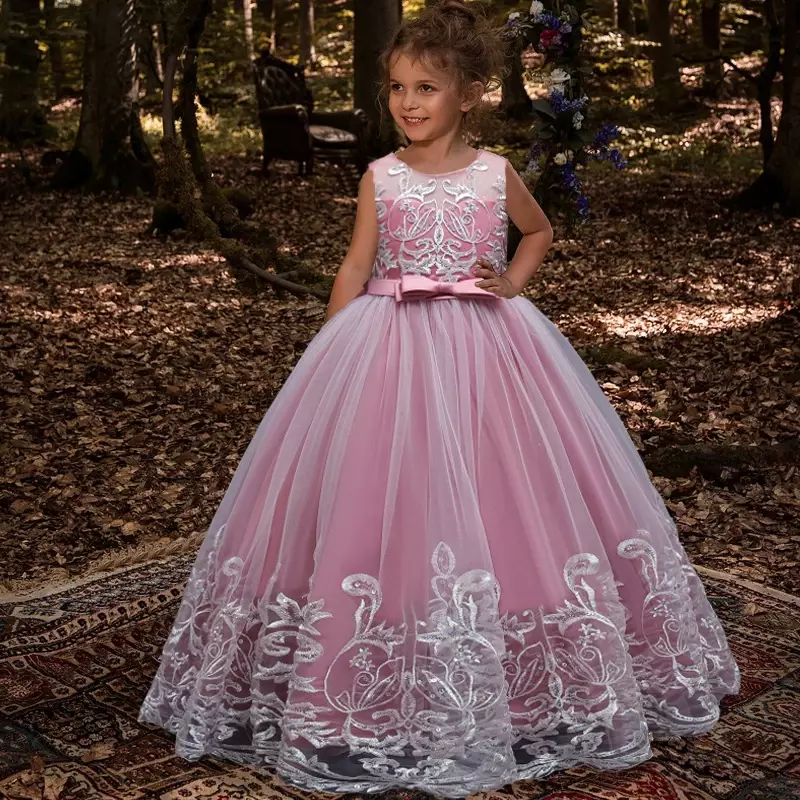 Flower Girl Princess Dress para Teen Girl, Vestidos de dama de honra para crianças, Wedding Party Costome, Tulle Lace, Vestido de noite infantil