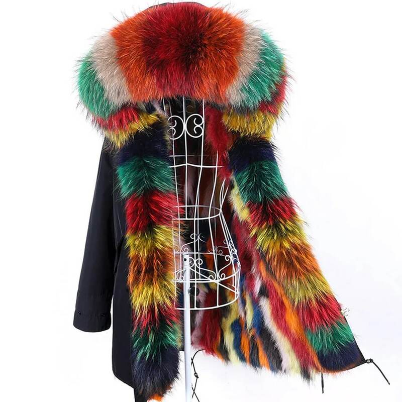 Maomaokong-女性用の毛皮のコート,冬用の毛皮のコート,さまざまな色のパッチワーク,取り外し可能な本物のキツネの毛皮の裏地付きの大きな毛皮の襟