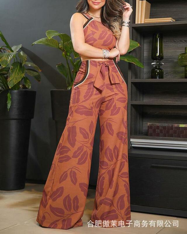 Sexy Elegant Plant Printed Sleeveless Vest Top and Tight Pants Set New Fashion 2024 Summer Casual Womens Two Piece Sets Outfit