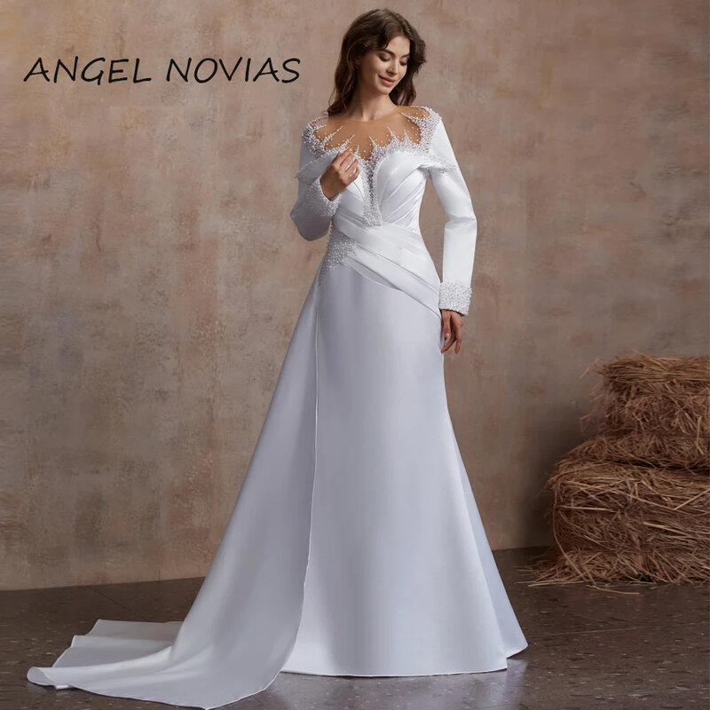 Branco casamento vestidos com pérolas Beading, mangas compridas, Real Picture, sereia