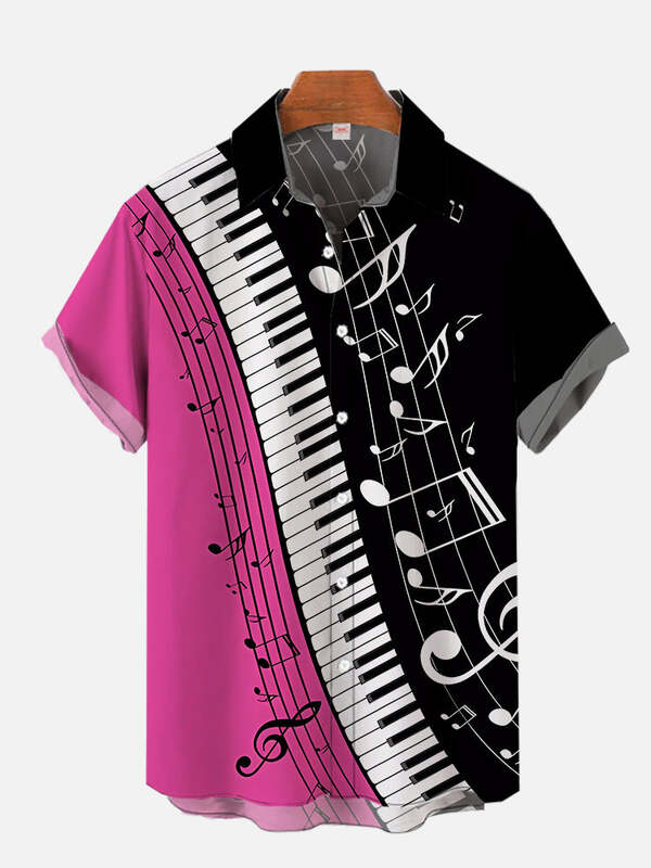 Nowa moda Hawajskie elementy muzyczne Notatki Druk 3D Klasyczna koszula z krótkim rękawem Moda Hawajska koszula dla mężczyzn Harajuku