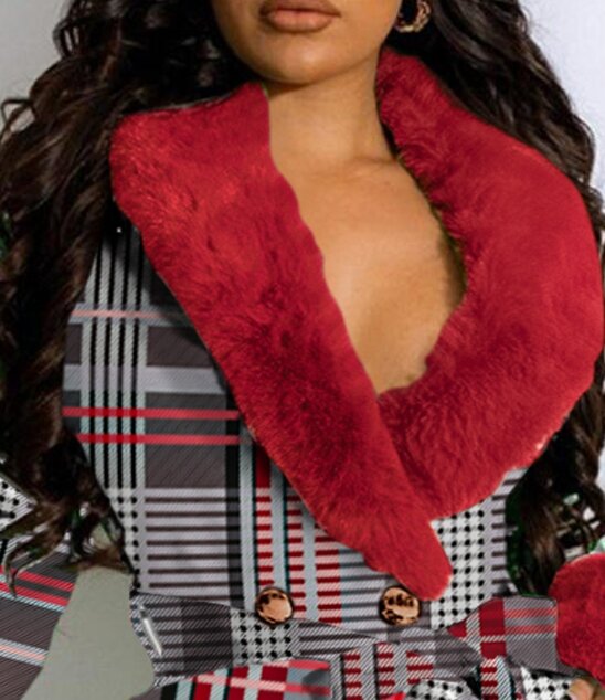 Jaqueta feminina casual em pelúcia com gola xadrez estampada, casaco glamoroso, roupas femininas pendulares, manga comprida, nova moda, inverno