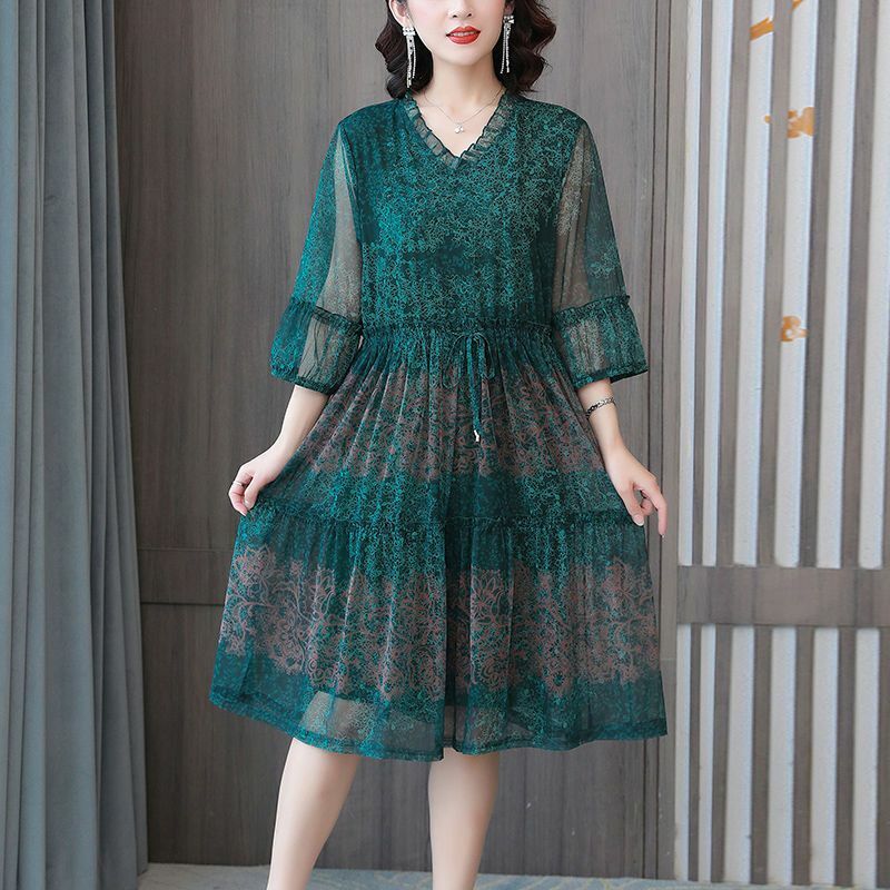 Mode Folk gedruckt gespleißt Kleider Vintage Sommer halbe Ärmel weibliche Kleidung Gaze A-Linie Taille elegante V-Ausschnitt Midi-Kleid neu
