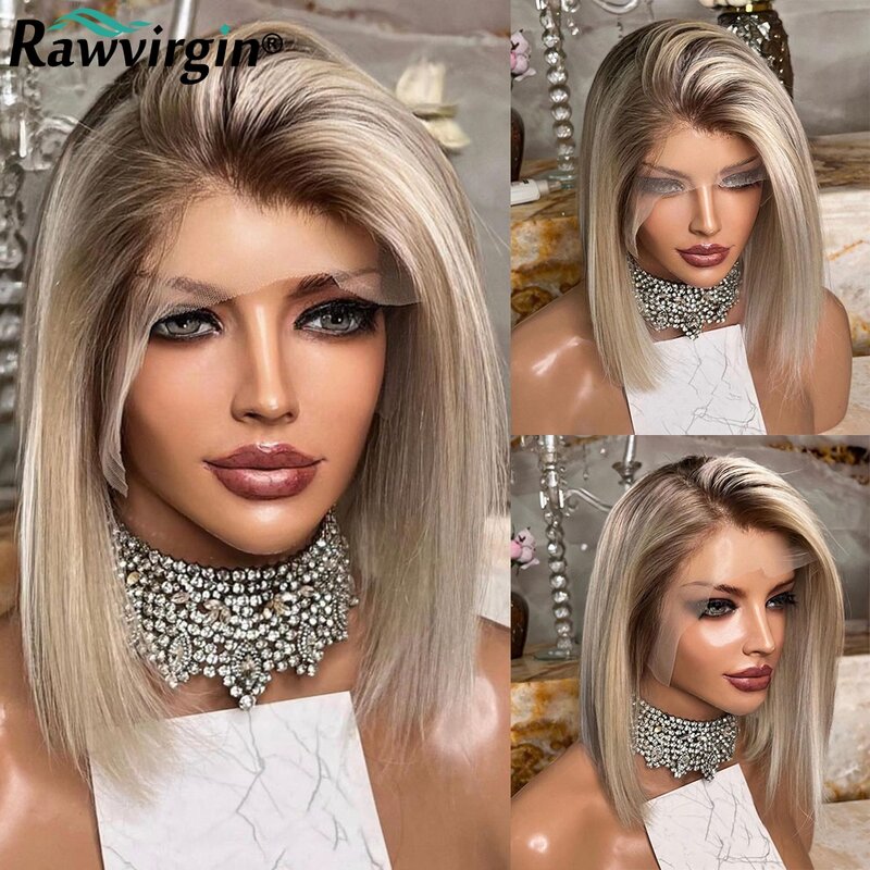 13x4 Ash Blonde Lace Front Human Hair Wig Ombre Short Bob Lace Closure Wig HD Transparent Lace Front Wigs For Women Prepluck