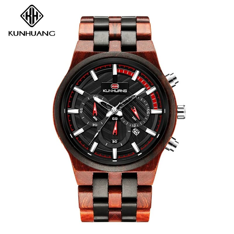 Luxury Wooden Watch Men Military Sport Multi-function Chronograph Personalized Custom Casual Wood Quartz Men's Watch Relogio