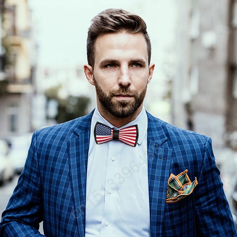 Nowa poliestrowa muszka z flagą Stanów Zjednoczonych dla mężczyzn moda na co dzień męska muszka krawat na garnitury na wesele krawat